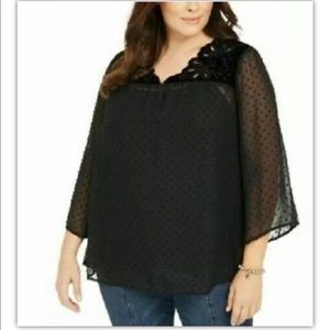 Style & Co Black Swiss Dot Velvet Top Sz 1X Semi Sheer Over Cami 3/4 Sleeve $64
